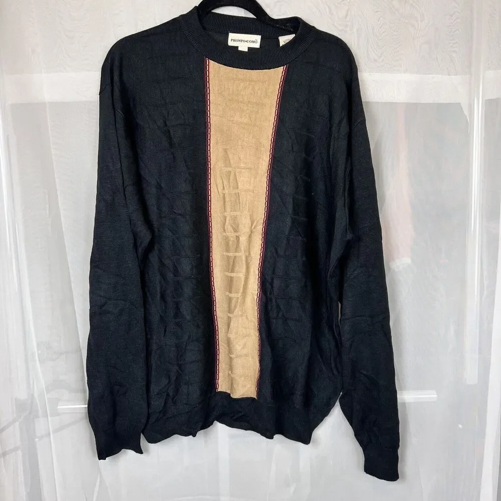 Vintage Pronto-Uomo Sweater Mens XL Pullover Silk Cotton Knit Crewneck Black